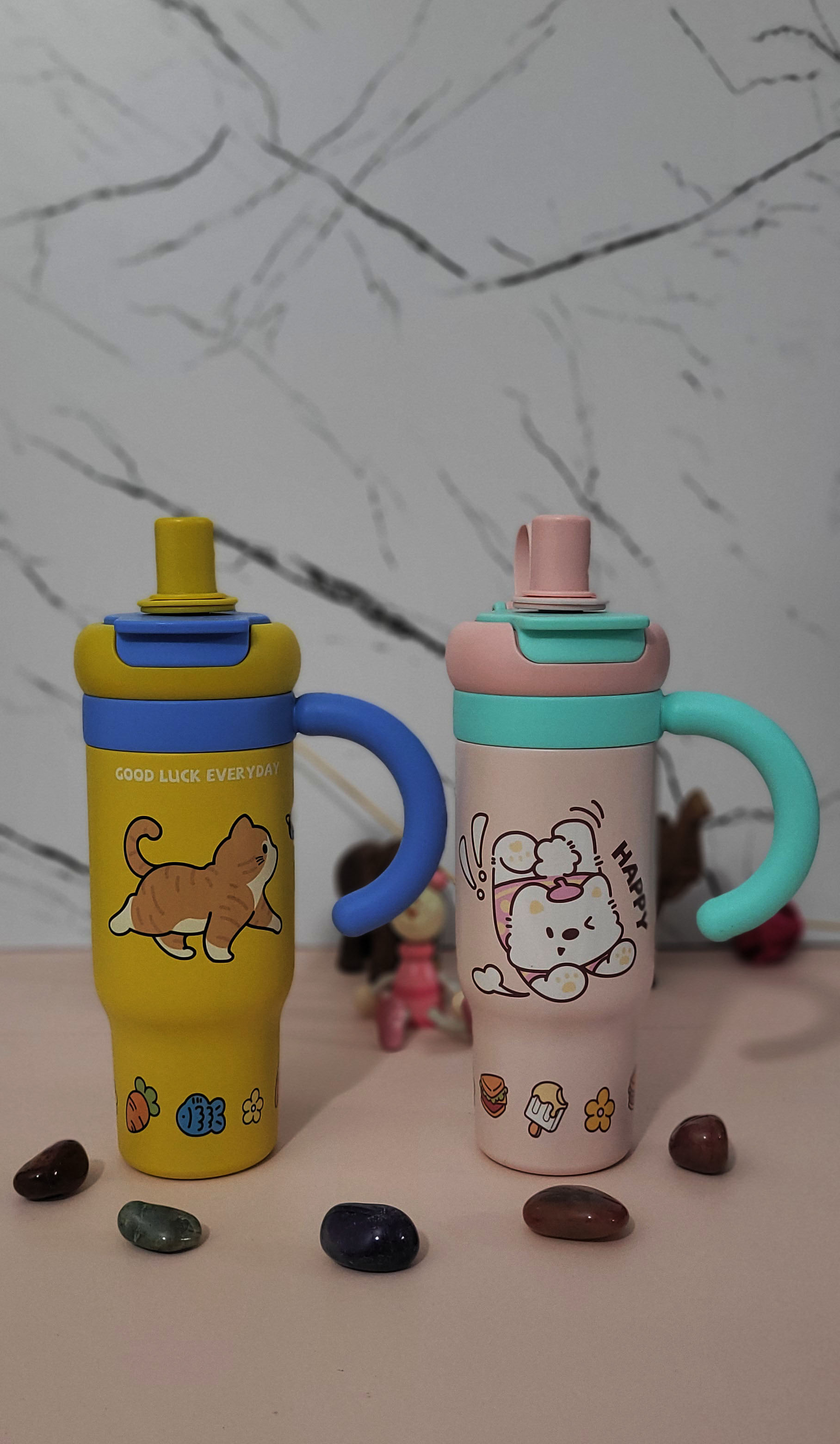 تراول ماگ فانتزی دو حالته HAPPY DRINK  حجم 860 میل - استیل دوجداره با طرح‌های جذاب