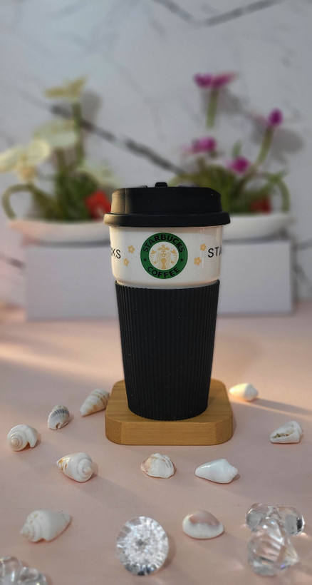 ماگ طرح استارباکس با درب محکم و روکش سیلیکونی