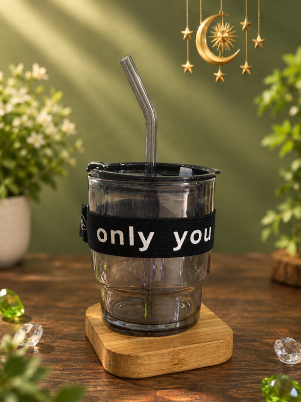 لیوان نیدار دودی مدل Only You با بند پارچهای و درب رنگی